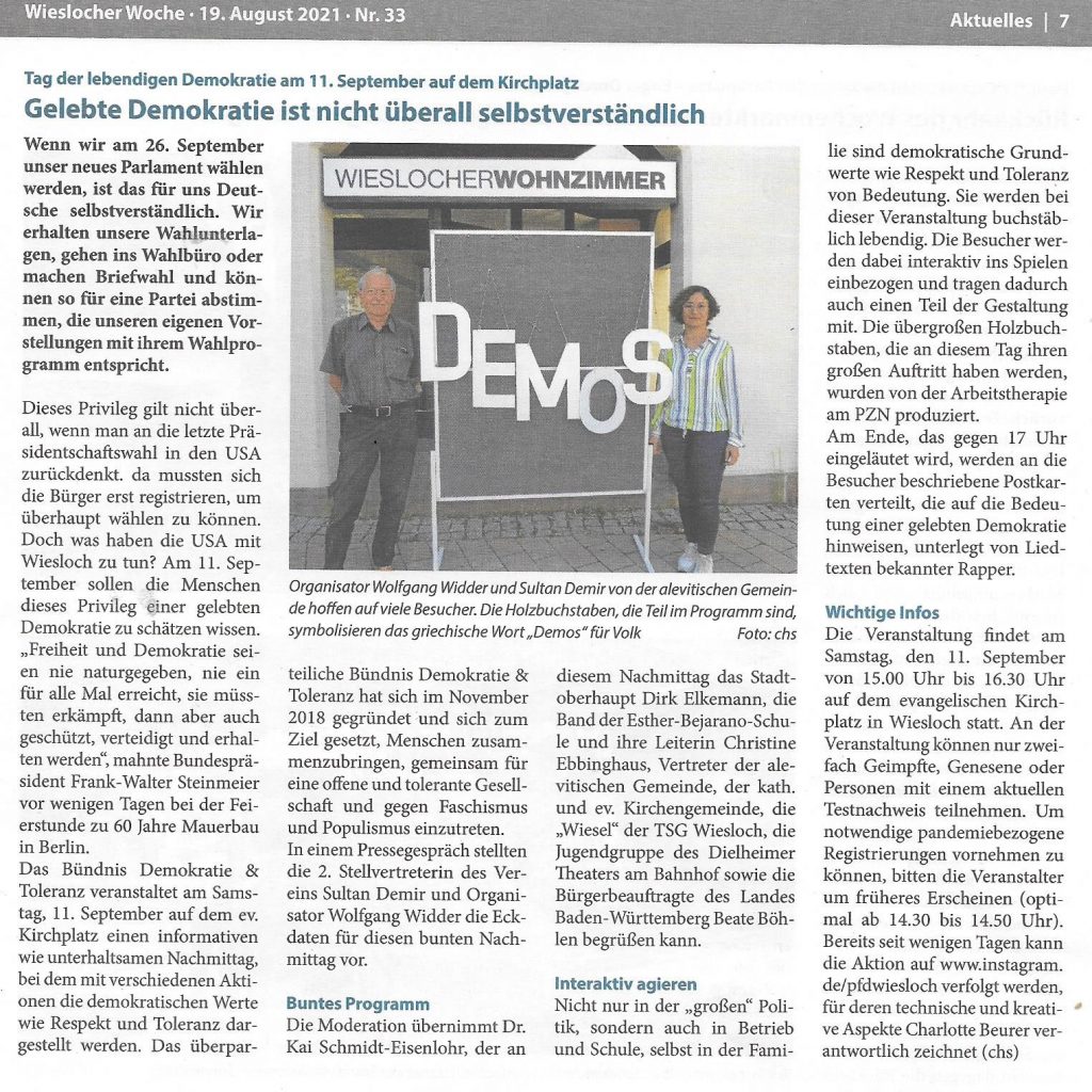 Wieslocher Woche vom 19.08.2021, S. 7, Ankündigung des Aktionstages Lebendige Demokratie