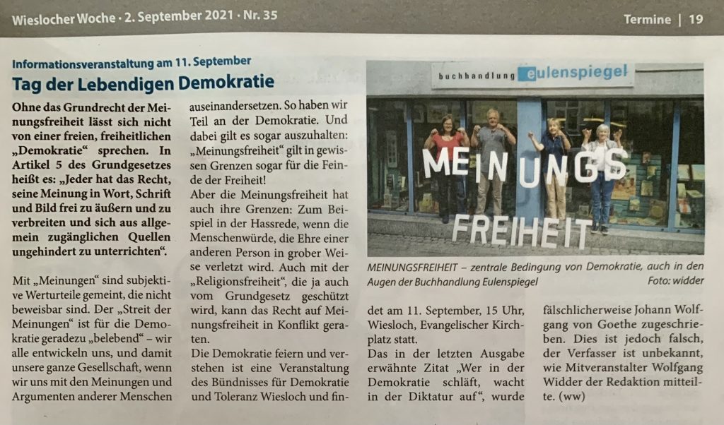 Wieslocher Woche vom 19.08.2021, S. 7, Ankündigung des Aktionstages Lebendige Demokratie