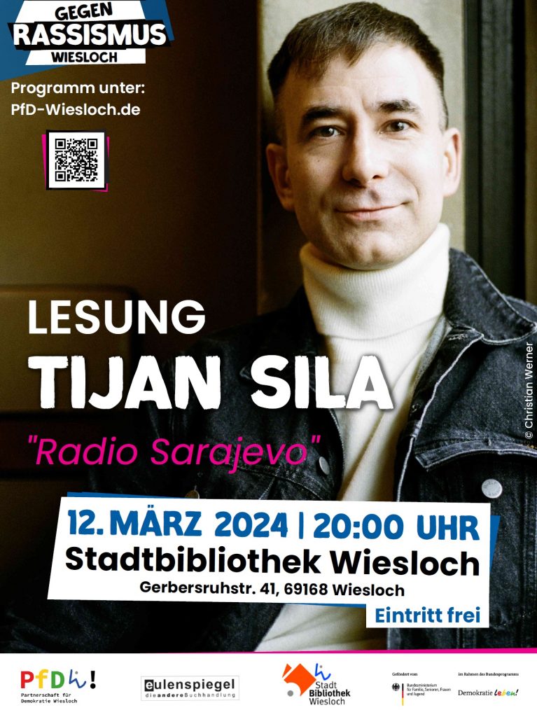 Plakat zur Ankündigung der Lesung mit Tijan Sila im Rahmen der Internationalen Wochen gegen Rassismus am 12.03.2024 in der Stadtbibliothek Wiesloch