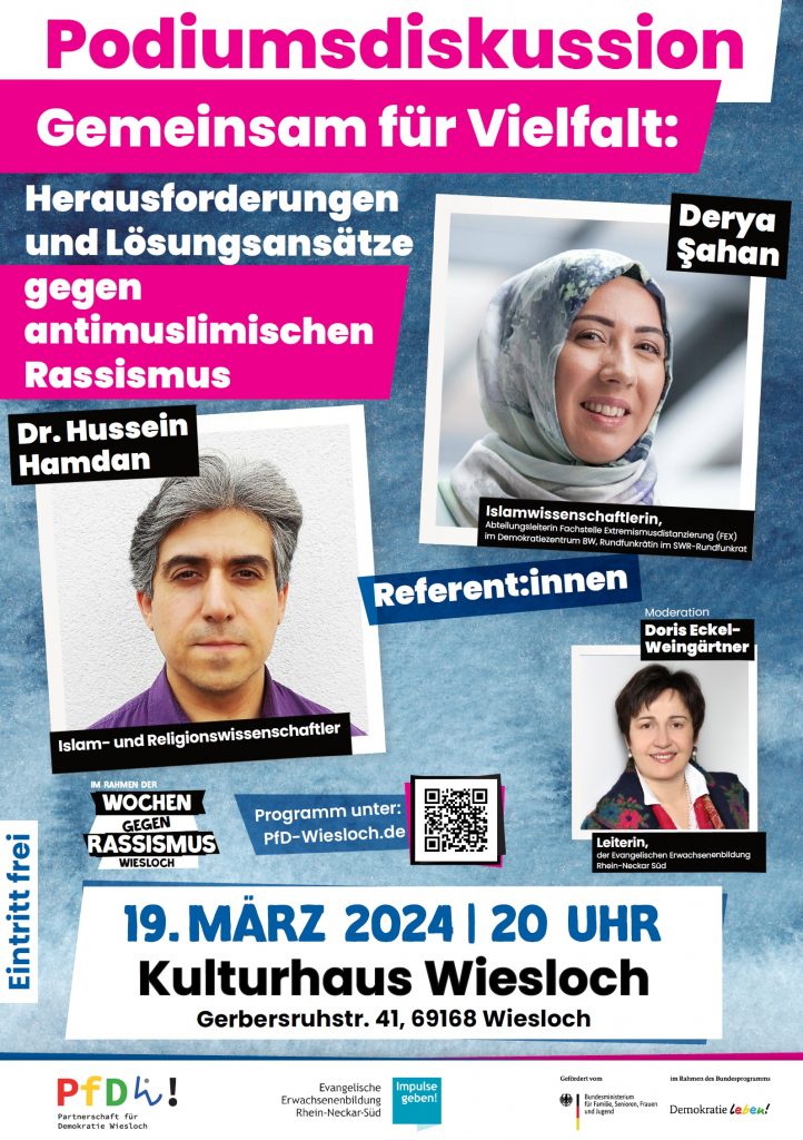 Plakat zur Ankündigung der Podiumsdiskussion zum Thema "Gemeinsam für Vielfalt" im Rahmen der Internationalen Wochen gegen Rassismus am 19.03.2024 im Kulturhaus Wiesloch
